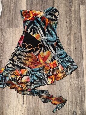 Tropical Floral & Zebra Print Strapless Dress